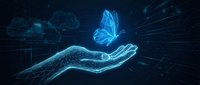 Digital transformation concept with glowing blue butterfly hovering above open hand in futuristic cyber space with network connections and data streams.