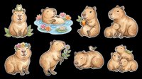 Cute capybara sticker set with eight poses, isolated on transparent background, ready for stickers, t-shirt design, clipart, print on demand, and sublimation projects.
