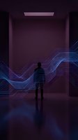 Silhouette of male figure standing in modern room with glowing neon wave lines flowing across walls, representing digital transformation, technology innovation, and future connectivity concepts.