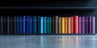 Row of colorful books arranged in rainbow spectrum order on dark shelf against black background, creating gradient effect from blue through yellow to purple.