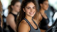 Happy young woman with long brown hair smiling during workout at fitness gym with people exercising in background for health and wellness lifestyle.
