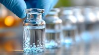 Medical glass vials with clear liquid in laboratory setting, blue gloved hand holding container, blurred background with warm lighting and multiple vials.