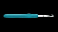 Crochet hook with teal ergonomic handle and silver metal tip, isolated on transparent background, ready for crafting clipart, stickers, print on demand, and t-shirt design use.