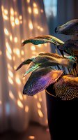 Colorful iridescent leaves with dotted texture against warm bokeh lights creating magical atmosphere for nature and botanical design projects.