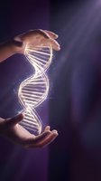 Hands holding glowing DNA helix with luminous particles against purple background, representing genetic research, biotechnology, and scientific innovation for medical and educational use.