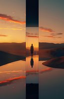 Silhouette of person standing in surreal mirror doorway reflecting dramatic sunset sky over mountain landscape, creating symmetrical reflection effect.