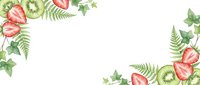 Strawberry and kiwi slices with fern leaves and ivy on white background, seamless pattern tiles into single background for design projects.