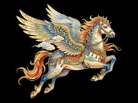 Ornate winged horse in Asian style with gold details, isolated on transparent background. Great for t-shirts, stickers, print on demand, sublimation, and clipart.