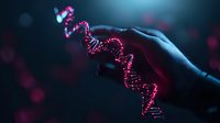 Glowing red DNA helix strand floating above hand in dark background with bokeh lights, representing genetic research and biotechnology advancement.