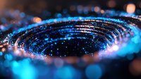 Glowing blue spiral of light particles with bokeh effect creates mesmerizing abstract background pattern. Magical cosmic energy flow in dark space.