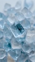 Clear blue ice cubes with crystalline texture and translucent surfaces creating refreshing frozen water blocks for beverages and cooling applications.