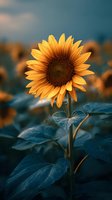 Vibrant golden sunflower in full bloom against moody blue-toned background with soft bokeh effect, showcasing detailed petals and rich center.