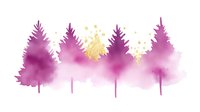 Watercolor forest silhouettes in pink and purple hues with golden sparkles create dreamy landscape. Isolated on white background for design projects.