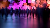 Business team silhouettes walking forward against vibrant hexagonal bokeh background with purple pink orange gradient lighting for corporate presentations.