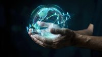 Businessman hands holding glowing digital earth globe with network connections on dark background for technology and global business concepts.