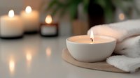 Glowing aromatherapy candle in white ceramic bowl with soft towels and blurred candlelight background creates peaceful spa atmosphere.