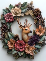 Autumn wreath with deer head, colorful flowers, leaves and pine cones on white background. Seasonal decoration for fall holidays and home decor projects.