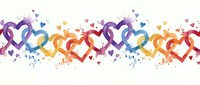 Colorful watercolor hearts border with rainbow gradient and paint splatters on white background for romantic designs and Valentine decorations.