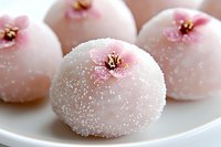 Pink Japanese mochi dessert balls decorated with delicate cherry blossom and sugar crystals on white plate, traditional Asian sweet confectionery close-up.