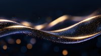 Glowing golden waves with sparkling particles flow against dark background creating magical abstract light effect. Suitable for luxury designs.