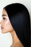 Side profile of young Asian woman with long straight black hair showing smooth skin and natural makeup against white background for beauty and haircare.