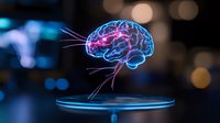 Glowing holographic brain with neural connections floating above illuminated platform against dark background with bokeh lights. Medical technology concept.