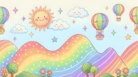 Cute kawaii rainbow landscape with hot air balloons, smiling sun and clouds on pastel background. Seamless pattern for children's design and decoration.