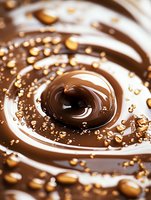 Swirling milk and dark chocolate blend with golden caramel drops creating luxurious dessert background with rich textures and smooth glossy surface.