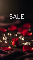 Sale banner with red rose and petals on dark background with bokeh lights for romantic holiday marketing campaigns and special offers.
