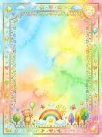 Watercolor rainbow background with cute bear, stars, and decorative frame for kids cards, invitations, and nursery prints.