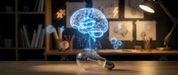 Glowing brain inside lightbulb with digital holographic icons on wooden desk in modern office workspace representing innovation and creative thinking.