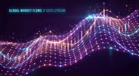 Digital data visualization with flowing purple and pink waves representing global market trends and financial analytics on dark background.