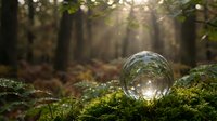 Crystal ball resting on moss-covered log in enchanted forest with sunbeams filtering through trees creating magical atmosphere for fantasy concepts.