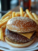 Classic cheeseburger with sesame seed bun and melted cheese served alongside golden french fries on white plate, close up view of fast food meal.