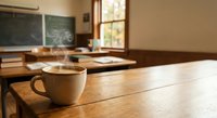 Steaming coffee cup on wooden desk in warm classroom with chalkboard and natural window light creating cozy academic atmosphere for learning and study.
