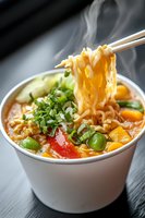 Steaming hot ramen noodles lifted with chopsticks from a cup filled with colorful vegetables, broth, and garnished with fresh green onions.