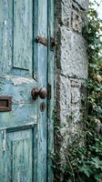 Weathered turquoise wooden door with peeling paint and rusty metal hardware on old stone wall surrounded by green ivy for vintage rustic home decor.