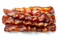 Crispy fried bacon strips arranged in rows showing golden brown and dark red coloring, photographed from above on white background, isolated for food design.