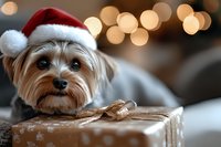 Yorkshire terrier wearing Santa hat rests head on wrapped Christmas present with bokeh lights in background, creating cozy holiday atmosphere.