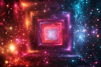 Abstract cosmic tunnel with glowing neon squares forming perspective corridor in space. Bright particles and bokeh effects create magical atmosphere in pink and blue colors.