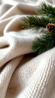 Fresh pine branch with small cone resting on soft white knitted wool texture, creating cozy winter holiday atmosphere. Selective focus composition.