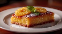 Homemade pineapple upside down cake slice on white plate garnished with fresh mint leaf and caramelized pineapple ring, showing moist texture and golden caramel topping.