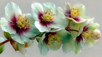 Delicate hellebore flowers with pale green petals and burgundy centers bloom in early spring garden, showcasing natural botanical beauty for floral designs.