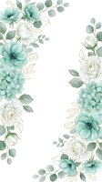 Watercolor floral frame with mint green and white flowers, roses, eucalyptus leaves on white background for wedding invitations and romantic designs.