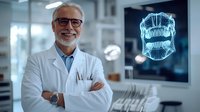 Senior male dentist in white coat smiling confidently next to holographic dental scan display in modern clinic office, showcasing advanced dental technology and expertise.