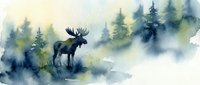 Majestic moose silhouette standing in misty forest landscape with evergreen trees. Watercolor painting style nature scene for wildlife and outdoor themes.