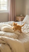 Playful ginger kitten sitting on unmade bed in bright bedroom with pink curtains and natural window light, perfect for pet and lifestyle content.