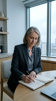Mature woman with gray hair, Caucasian ethnicity, wearing dark blazer, writing in notebook at wooden desk in modern office with city skyline view through large windows, professional business setting.