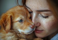 Young woman with freckles sharing tender moment with golden retriever puppy, close up portrait showing emotional connection and love between human and pet companion.
