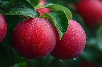 Fresh red apples with water drops on branch, green leaves covered in morning dew. Close-up macro photography showing natural texture and vibrant colors.
